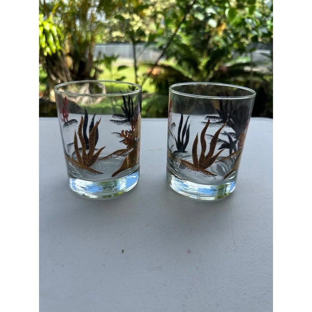 Vintage Set Of 2 Otagiri 22-Karat Gold Gilded Seashell Coral Lowball Glasses